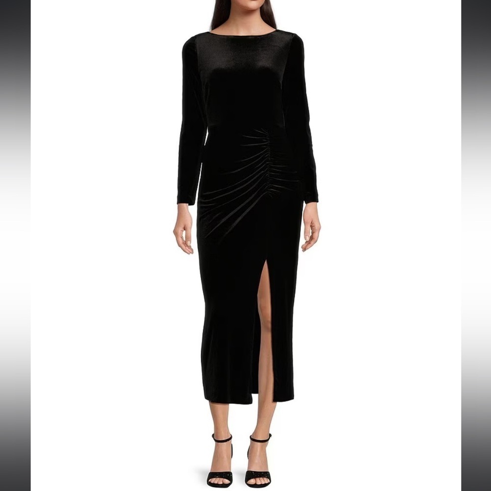 NWT Alex Marie GREEN Velvet Long Sleeve Ruched Waist SideSplit Hem Midi Dress 14